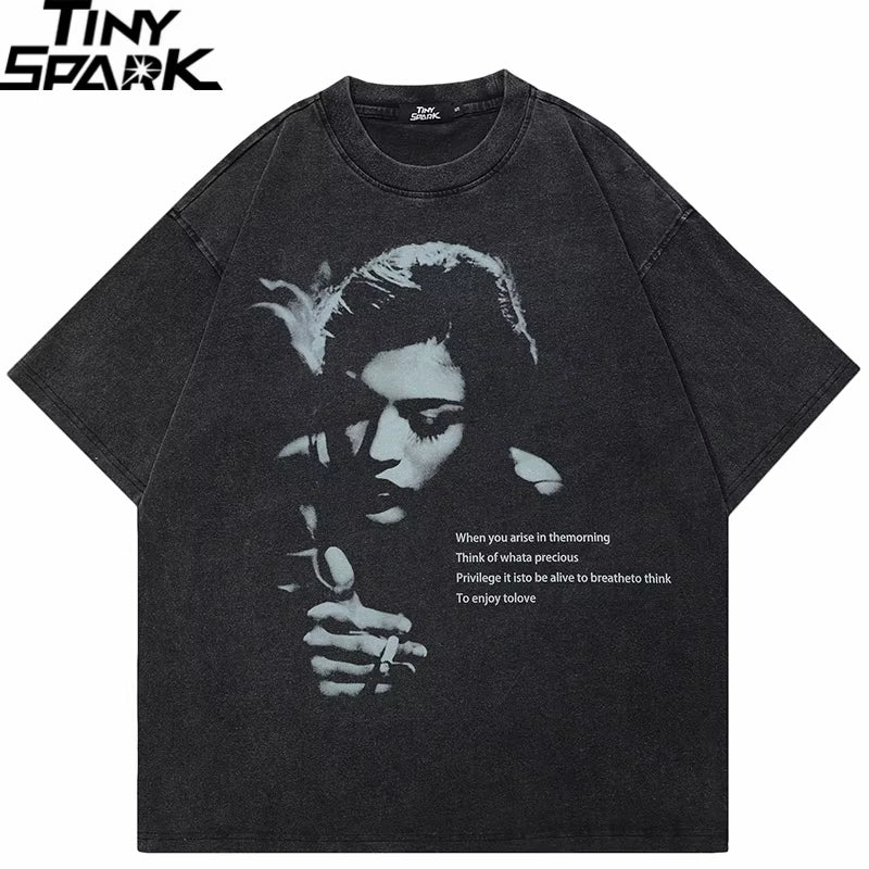 2024 Hip Hop Streetwear Men T-Shirt Oversized Retro Graphic T Shirt Vintage Washed Black Tshirt Unisex Tops Tees Cotton Hipster