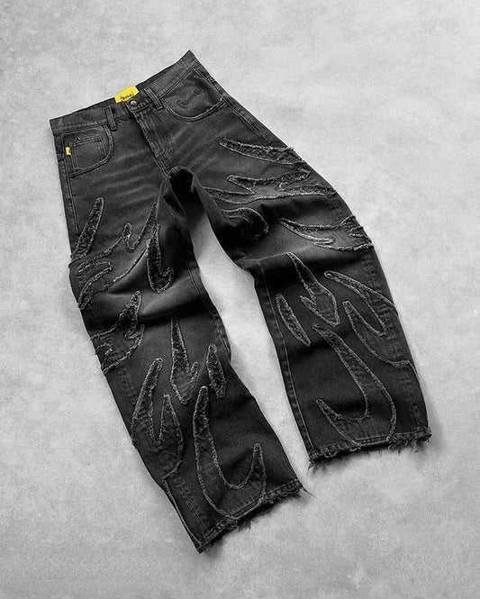 Y2K Hip Hop Baggy Jeans for Men Distressed Retro Black Pants Embroidery Harajuku Gothic Wide Leg Trousers Streetwear Pants