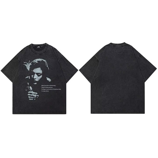 2024 Hip Hop Streetwear Men T-Shirt Oversized Retro Graphic T Shirt Vintage Washed Black Tshirt Unisex Tops Tees Cotton Hipster